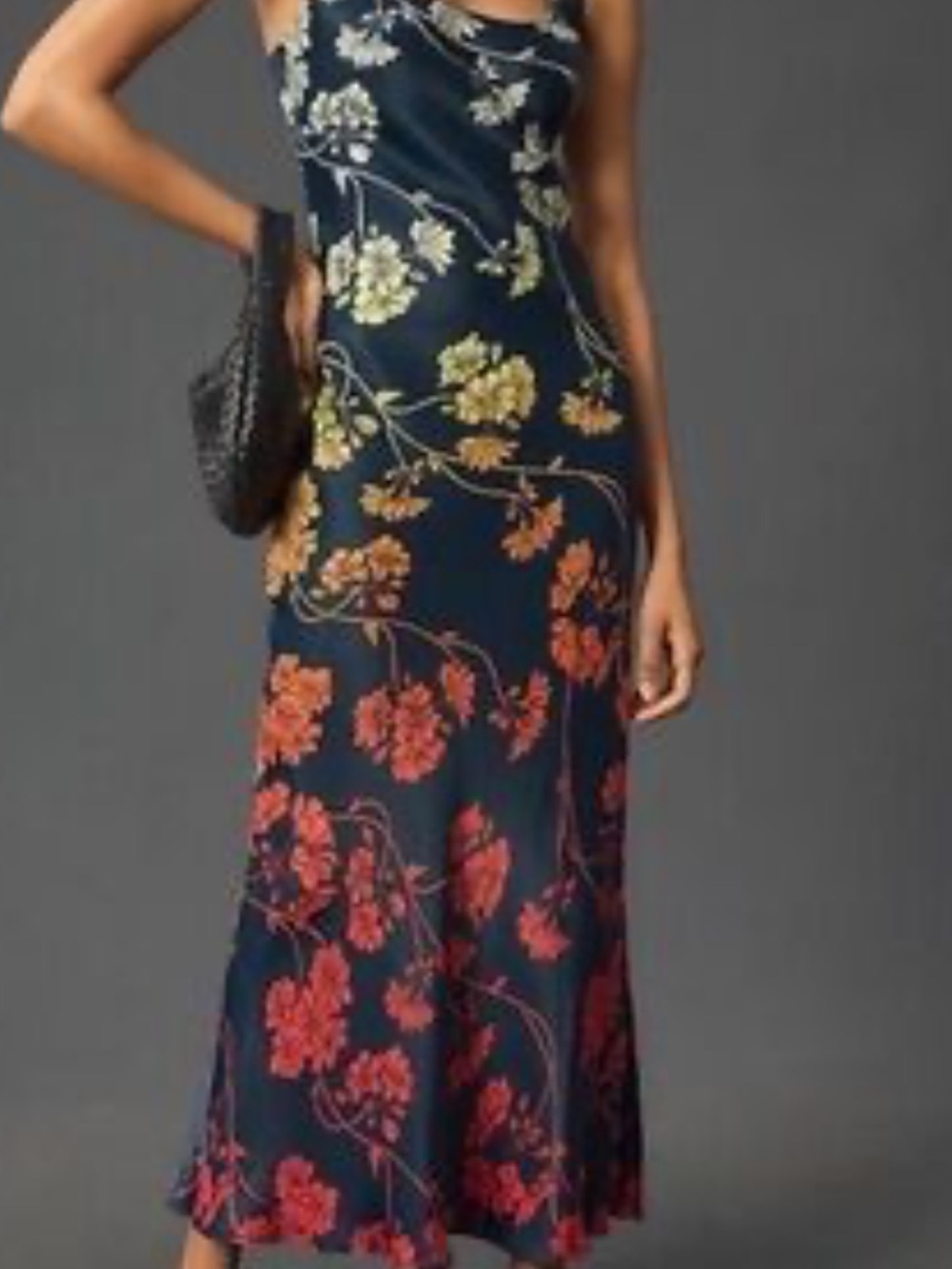 Anthropologie Navy Maxi Slip Dress with Red & Yellow Floral Print M EUC